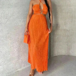 Orange Sexy Women's Crisscross Tie Backless Halter Swing Dress